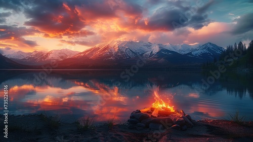 Twilight campfire at high snow capped mountains in most beautiful multi colored sky in mountain lake landscape. Generative AI.
