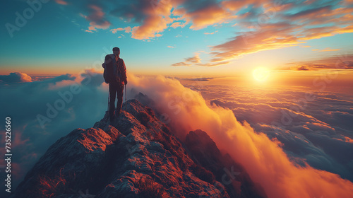 Young man standing on top of cliff in summer mountains at sunset and enjoying view of nature