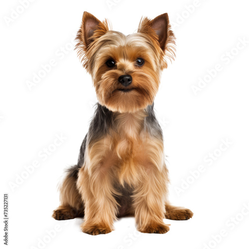 Yorkshire terrier dog sitting and looking at the camera and isolated on a white background photo