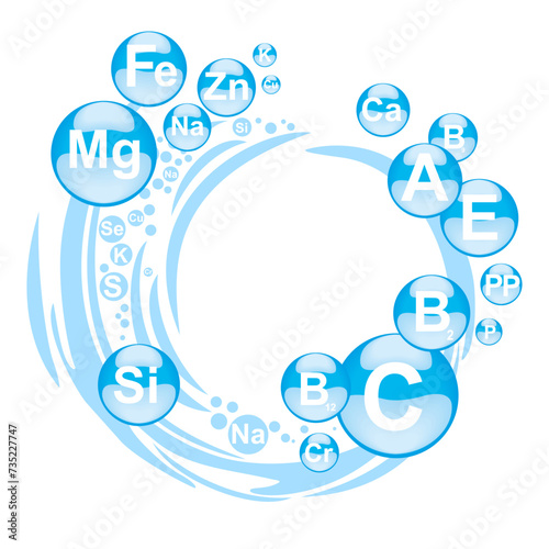 Multi Vitamin complex icons. Vitamin A, B1, B2, B6, B9, B12, C, D, E, K, PP, Mg, Si, Fe, Zn, Cu multivitamin supplement logo, isolated white background. Medical image. Bubbles. Vector illustration.  