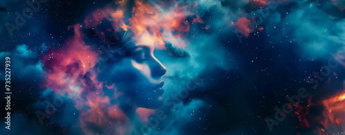 portrait de femme de profil avec double exposition et nébuleuse et nuages de gaz galactique autour photo