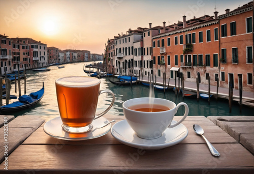 Beverage on blurred Venetian canal background