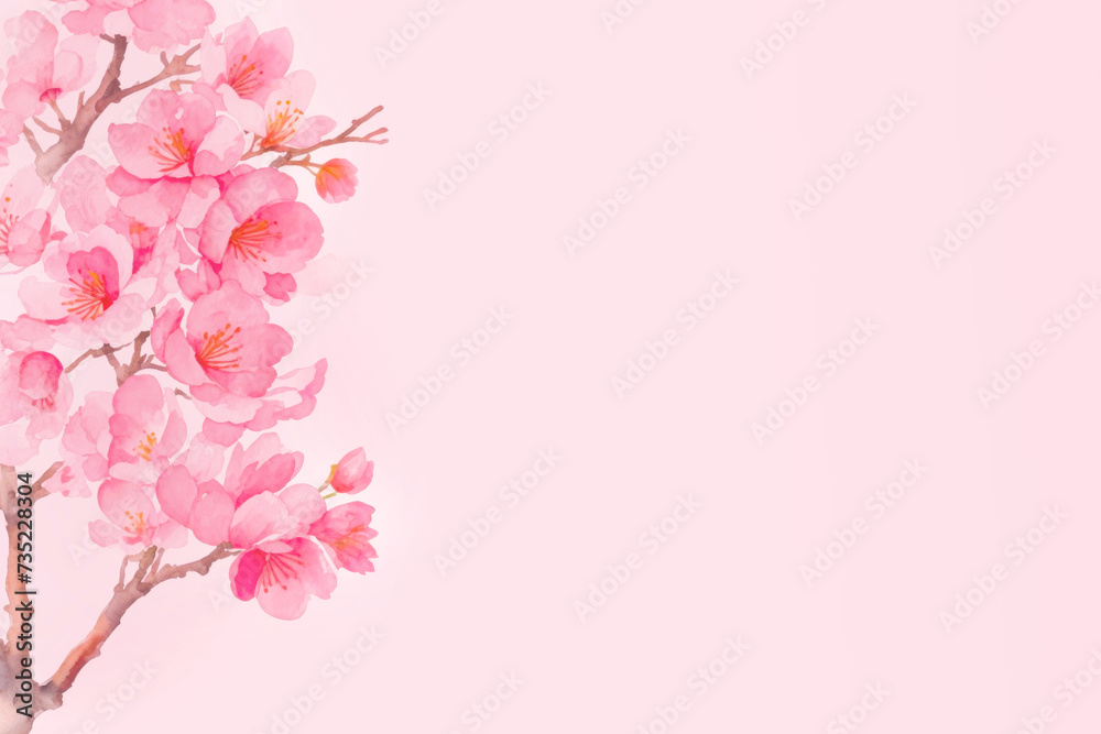 Banner with Sakura flowers on pink background, with copy space. Branch of blooming sakura, watercolor. Springtime concept. Valentine's Day, Easter, Birthday, Women's Day, Mother's Day