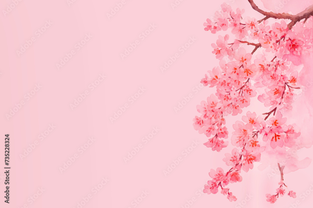 Banner with Sakura flowers on pink background, with copy space. Branch of blooming sakura, watercolor. Springtime concept. Valentine's Day, Easter, Birthday, Women's Day, Mother's Day