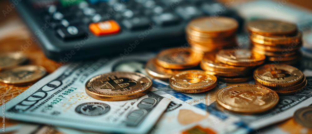 American coins and dollar bills and calculator. Concept for cryptocurrency business and global digital payment system,generative ai American coins and dollar bills and calculator. Concept for cryptocurrency business and global digital payment system,generative ai