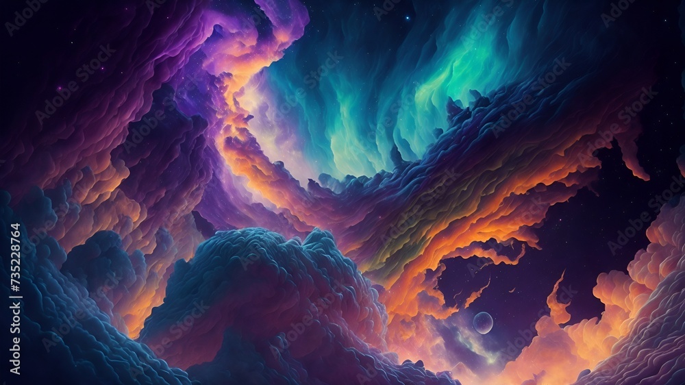 Nebulous WonderlandDescription: A wondrous realm where colorful nebulae and cosmic clouds converge. - obrazy, fototapety, plakaty 