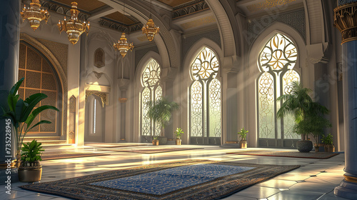 Sunshine entering through Windows Beautifully in Empty Mosque for Ramadan and Eid 2024