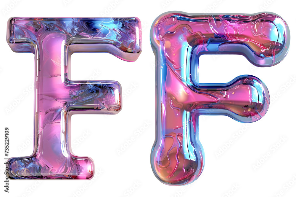 3D Letter F glossy liquid style with holographic color gradient