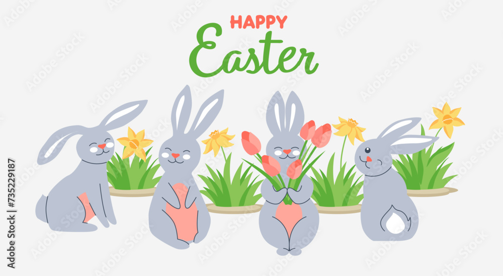 Happy Easter horizontal banner with cute bunnies in various poses among spring flowers. A template for a festive banner on a light background.