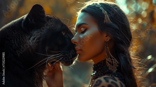 A beautiful woman and a black panther. Totem. Familiar.