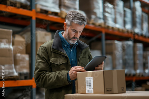 Inventory middle aged manager using tablet to scan a barcode on parcel, preparing a cardboard box for postage, working in warehouse
