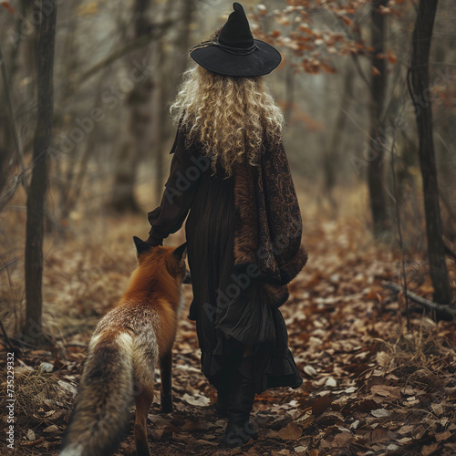 A witch walks with a fox in the forest. Familiar