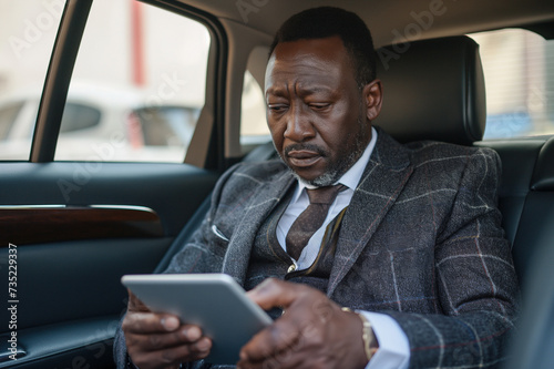 african middle aged businessman in suit using a tablet on the back seat of his car © ty