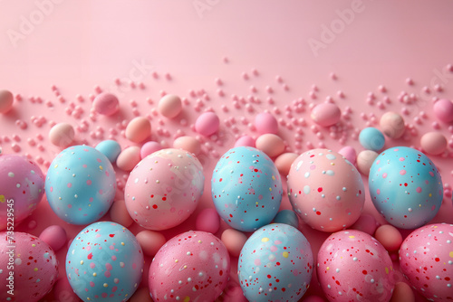 Pink and blue colored eggs for Easter celebration on pink background with copy space photo