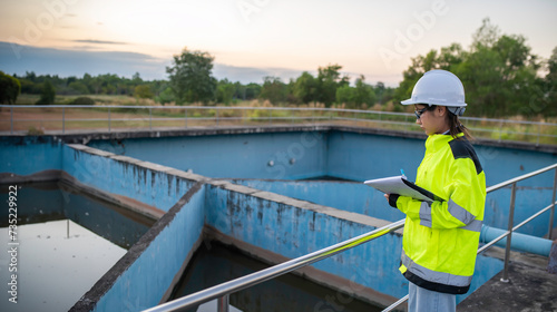 Environmental engineers work at wastewater treatment plants,Water supply engineering working at Water recycling plant for reuse