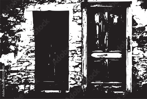 Old brick wall with boarded up wooden boards window. Wall of an abandoned ruined building