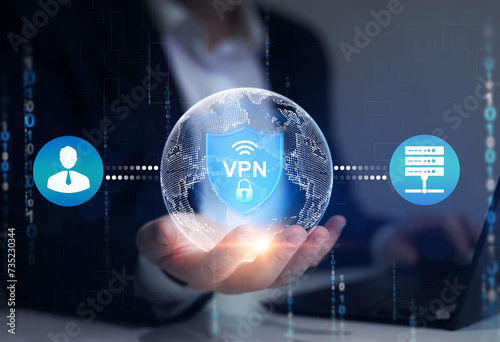 Remote server with private internet network technology to protect privacy of personal data. VPN secure connection.
