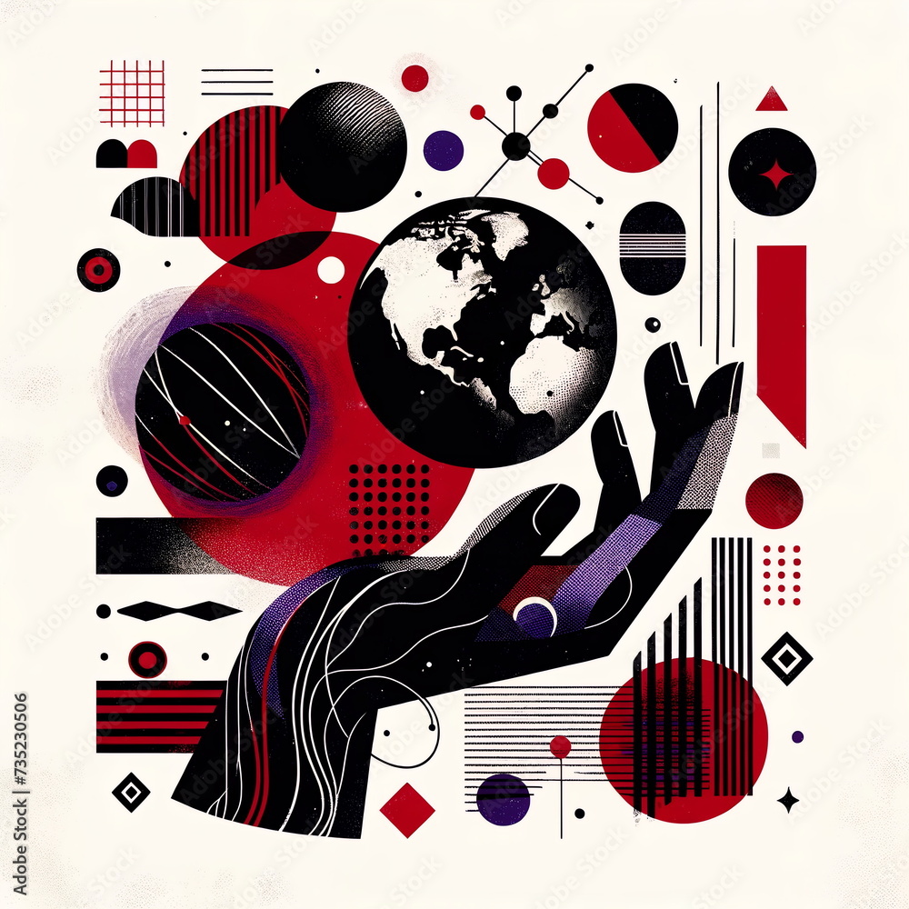 black silhouette of a hand holding a planet, surrounded by various shapes and doodle brushstroke elements