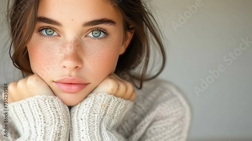 primo piano di viso di ragazza con occhi azzurri e capelli lunghi marroni, spazio per testo a destra su sfondo bianco, viso intenso  photo