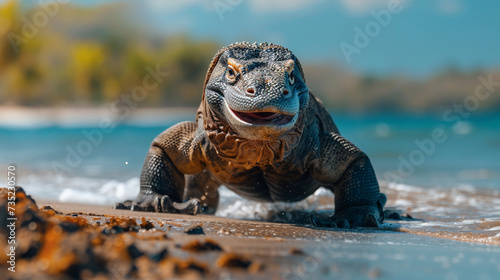 Komodo dragon runs to the shore. © Anna