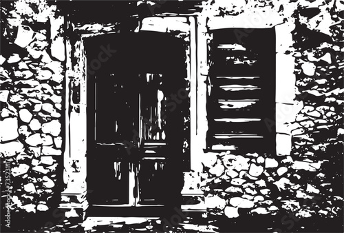 Old brick wall with boarded up wooden boards window. Wall of an abandoned ruined building