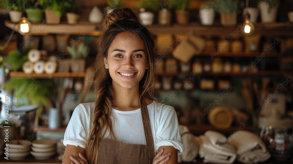 Portrait of a small business owner woman, smiling confidently standing in front of cozy well-organized shop. Generative AI.