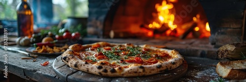 Pizza on a wooden table in front of a fire in a restaurant. Diavola. Cheese Pull. Diavola Pizza on a Background with copyspace.