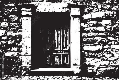 Old brick wall with boarded up wooden boards window. Wall of an abandoned ruined building