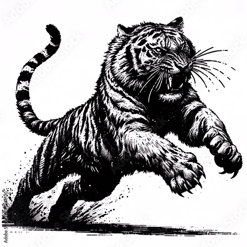 A tiger in the midst of an attack, depicted in a xerography collage art style. The image is black and white, resembling a xerox or photocopy photo