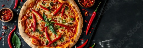 panoramic shot of tasty pizza with chili peppers on black background. Diavola. Cheese Pull. Diavola Pizza on a Background with copyspace.