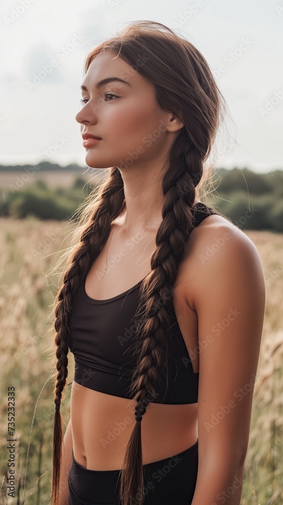 Beautiful young woman in sportswear with long braid of hair