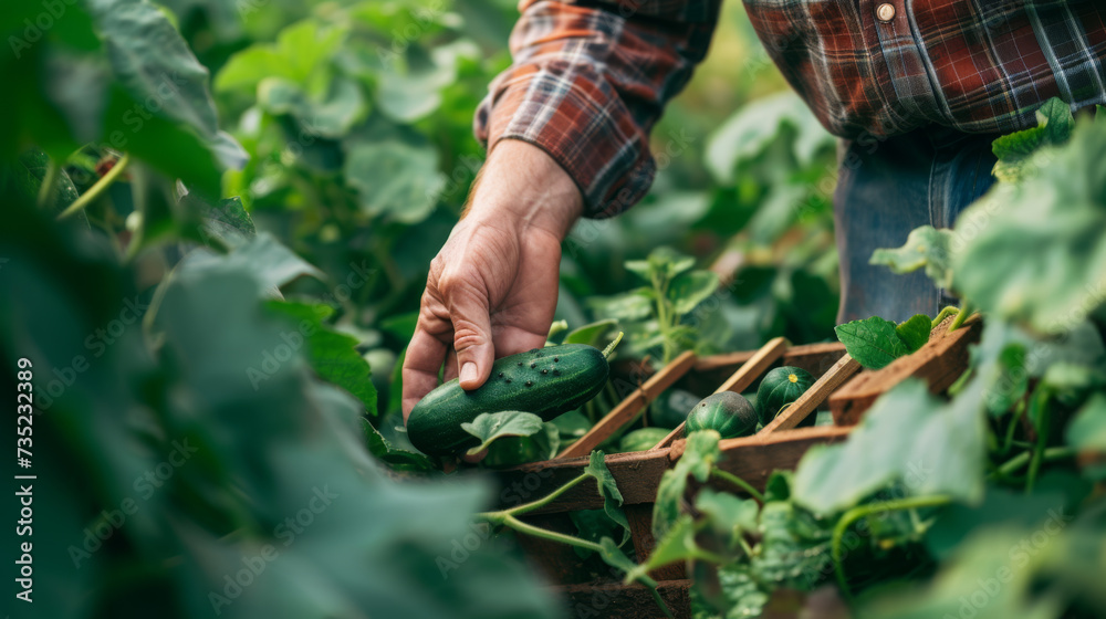 person harvesting fresh cucumbers into a wooden crate in a sunlit garden. person harvesting fresh cucumbers into a wooden crate in a sunlit garden.