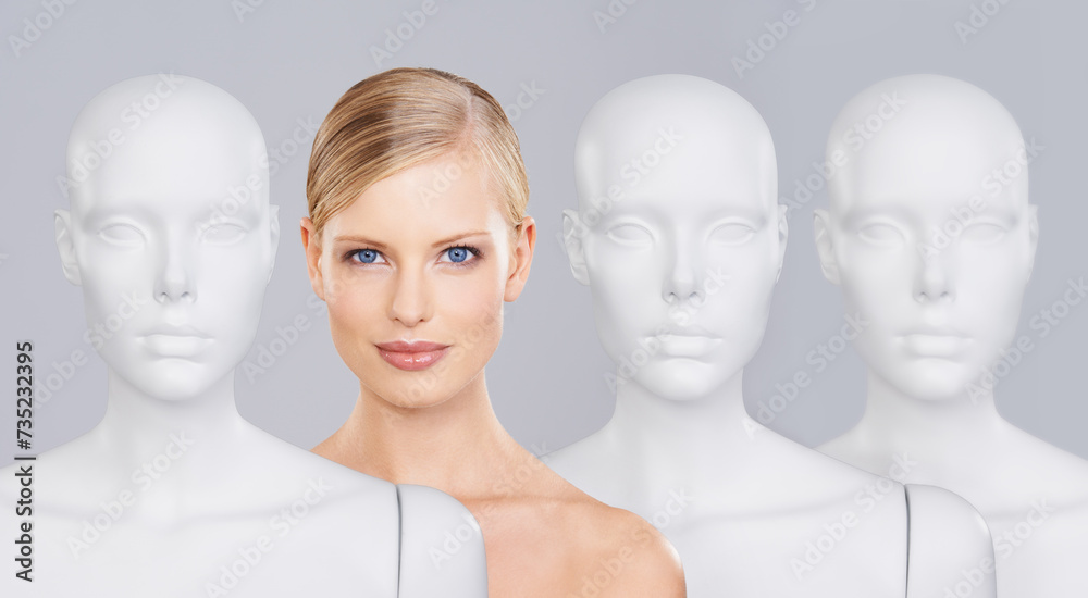 Woman, mannequins and portrait for identity, skincare and individuality on studio background. Person, beauty and dummy with face for creativity and cosmetics or unique ideas for satisfaction and skin Woman, mannequins and portrait for identity, skincare and individuality on studio background. Person, beauty and dummy with face for creativity and cosmetics or unique ideas for satisfaction and skin