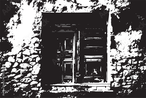 Old brick wall with boarded up wooden boards window. Wall of an abandoned ruined building