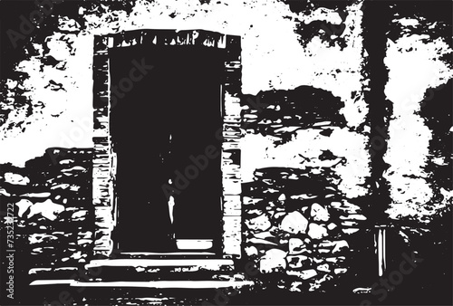 Old brick wall with boarded up wooden boards window. Wall of an abandoned ruined building