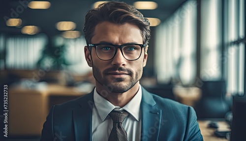 close-up of a businessman in office, businessman at the work in office , pretty young man in office photo