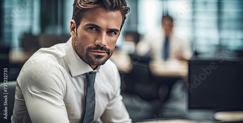 close-up of a businessman in office, businessman at the work in office , pretty young man in office