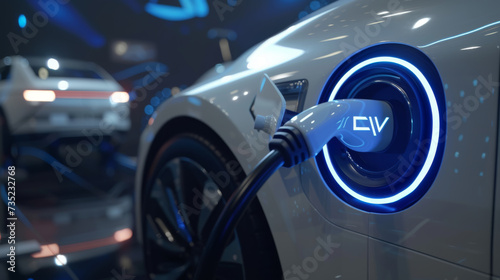 an electric vehicle (EV) being charged at a charging station, indicated by the plugged-in charging cable with an illuminated interface.