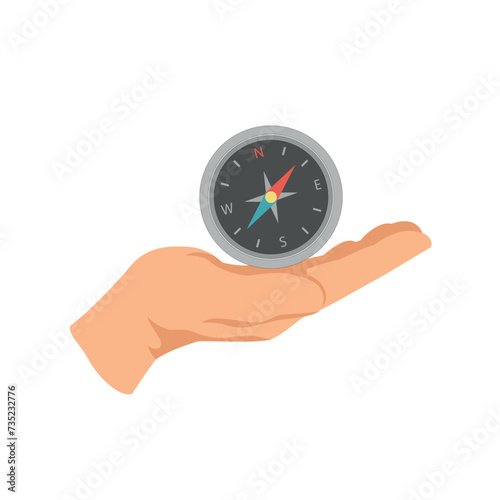 Compass icon over hands on white background. Flat vector navigation symbol. Vector stock illustration.