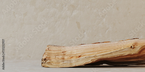 Minimal mockup concept for cosmetic product presentation. Firewood podium on beige background. Clipping path of each element included. 3d rendering illustration. 