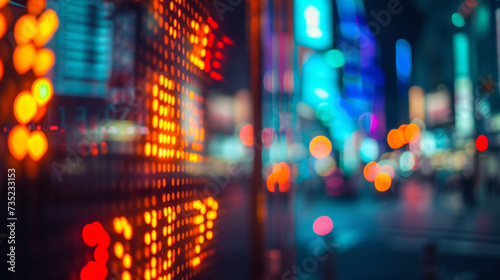 Wallpaper Mural blurred view of a cityscape at night, showcasing the vibrant bokeh effect of city lights and possibly a digital stock market display. Torontodigital.ca