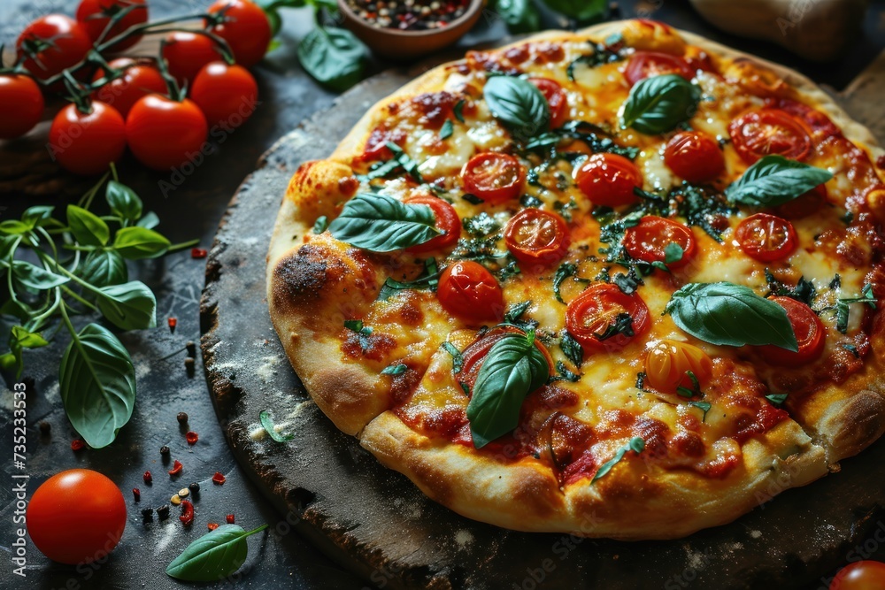 Pizza with mozzarella cheese, cherry tomatoes, peppers and basil. Diavola. Cheese Pull. Diavola Pizza on a Background with copyspace.