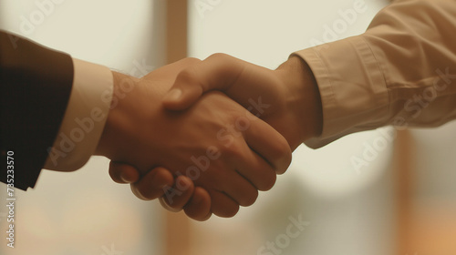 Professional Partnership: Two Business Professionals in a Firm Handshake, Finalizing a Deal or Agreement in a Well-lit Office Space.
