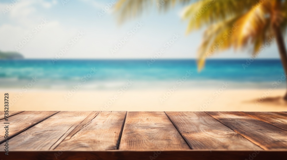 Wooden table on blurred beach bench background. for mock up and montage product display advertisement.