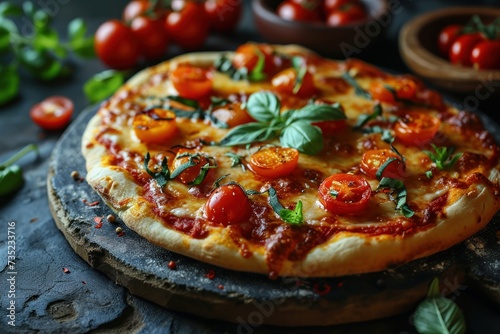 Pizza with cherry tomatoes, mozzarella cheese and basil on dark background. Diavola. Cheese Pull. Diavola Pizza on a Background with copyspace.
