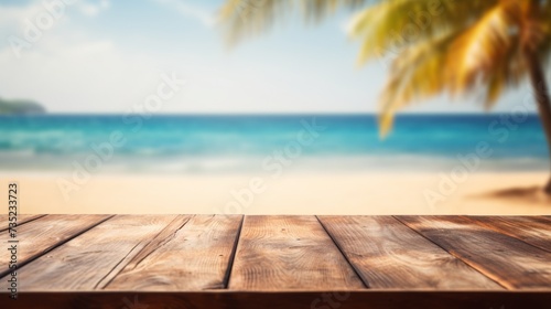 Wooden table on blurred beach bench background. for mock up and montage product display advertisement.
