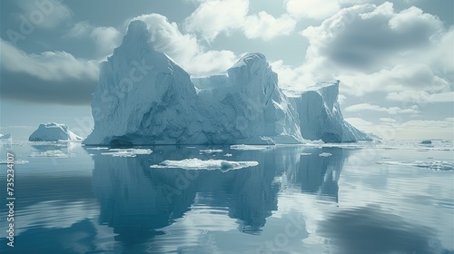 The icebergs float in the shallow water around the landscape. Generative AI. © visoot
