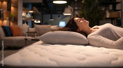 young woman resting on a mattress while her legs are asleep, photo