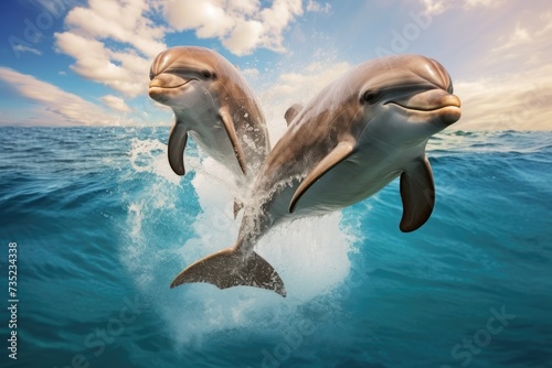Cheerful dolphins leaping out of crystal clear waters, AI generated © Tanu