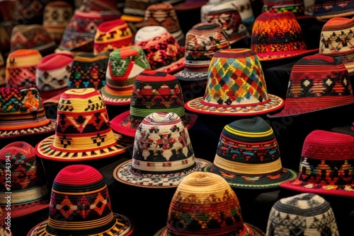 Traditional Peru colorful decorated hats. Brightly multicolored ceremonial festive headwear. Generate ai
